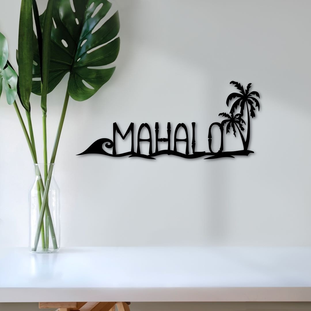 Mahalo Sign with Palm Trees and Wave