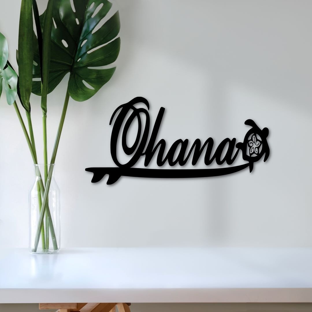Ohana Sign with Surfboard and Turtle