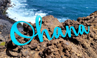 Thumbnail for Turquoise metal ohana script word sitting on a lava cliffside with a rocky Hawaiian beach in the background