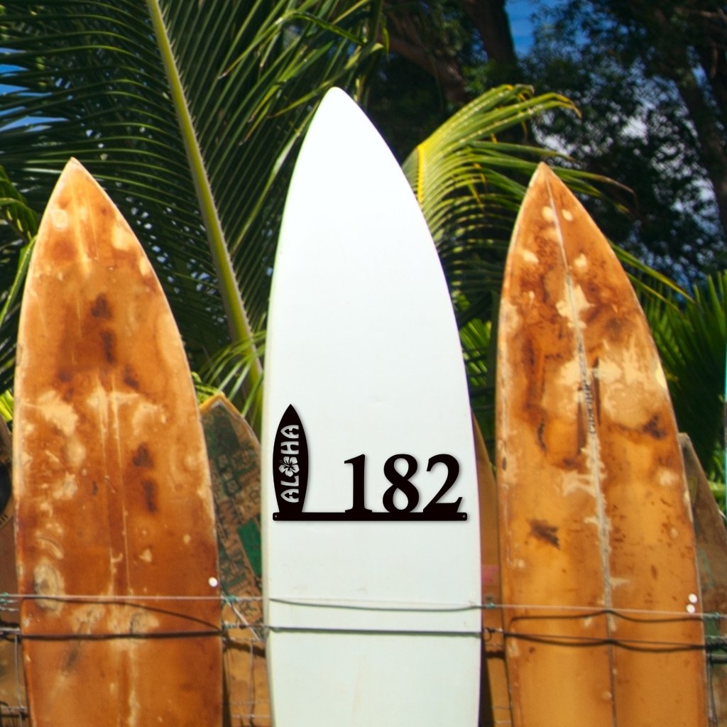 Aloha Surfboard Address Sign - Simply Royal Design