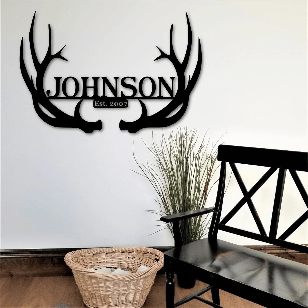Personalized Antler Monogram Metal Name Signs For House - Wall Art
