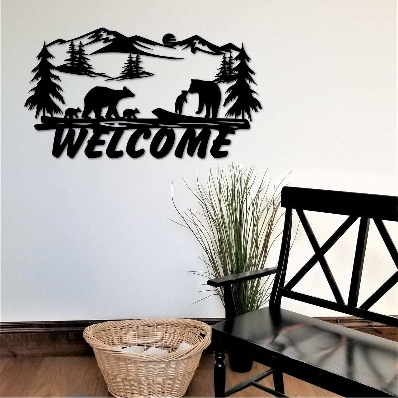 Bear Welcome Sign | Front Door Hanger Bears and Cubs Entryway Decor | Metal Wall Art | Rusic Cabin Decor | Wildlife Art | Lake House Decor