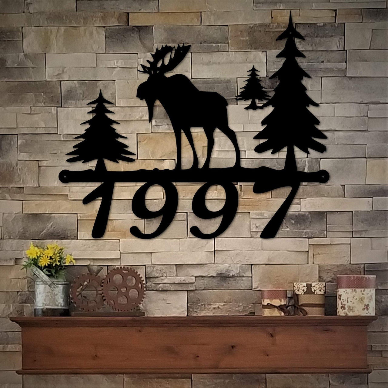Wildlife Metal Address Marker with Moose and Pine Trees | Outdoor Metal Sign | Rustic Home Address Sign | Custom Metal Sign | Cabin Decor