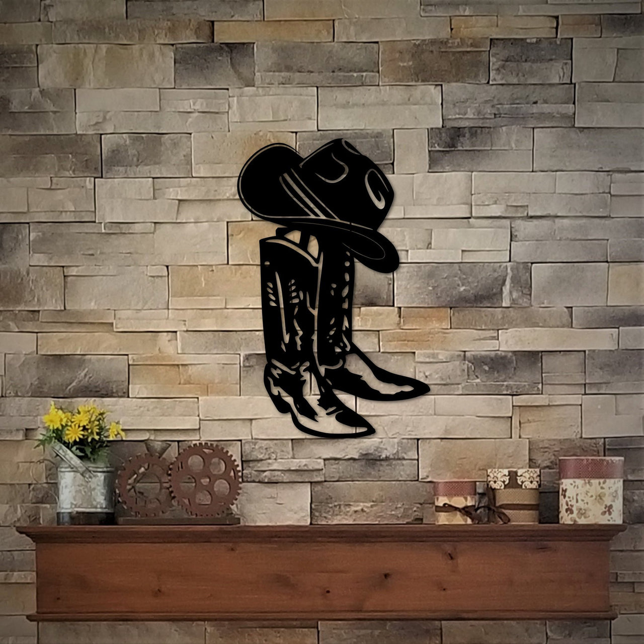 Cowboy Boots and Hat Metal Sign | Western Decor | Cowboy Art | Farm Sign Metal Cutout | Rustic Decor | Barn Sign | Father&#39;s Day Gift for Him