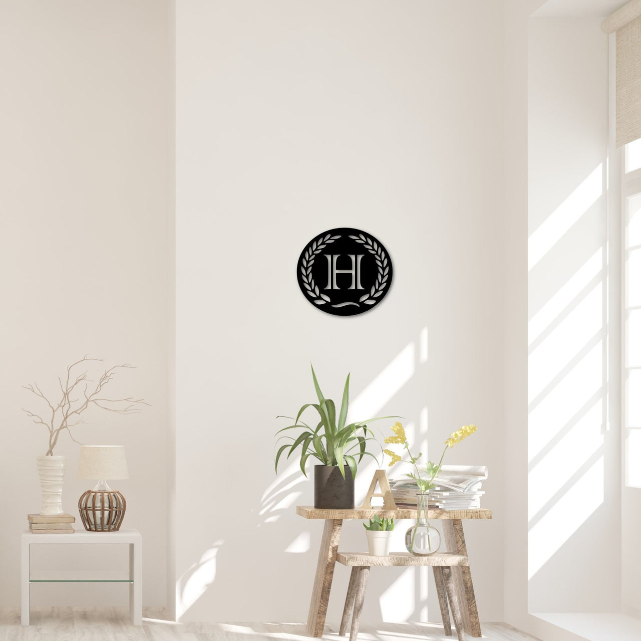 Metal Initial Sign with Laurel Wreath | Personalized Custom Letter Metal Wall Art | Steel Laurel Wreath Monogram | Entryway or Living Room