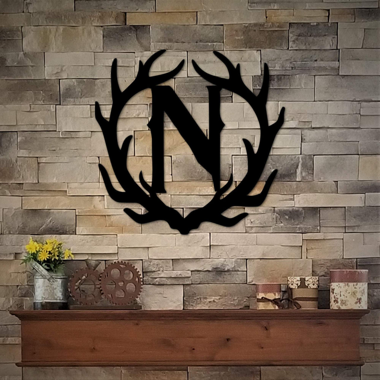 Initial Antlers Sign | Metal Door Hanger | Custom Last Name Initial Sign | Rustic Cabin Decor | Deer Antlers Personalized Sign | Ranch Sign