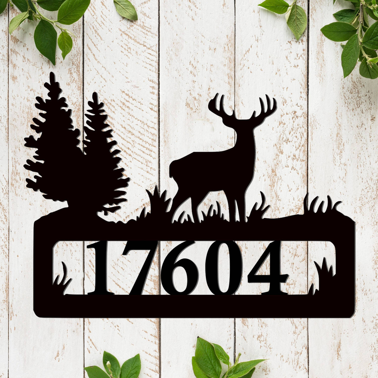 Elk Address Sign with Pine Trees | Personalized Metal House Numbers | Rustic Address Sign | Customizable Log Cabin Decor | Outdoor Sign