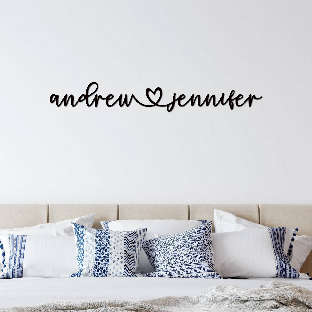 Names Above Bed Metal Sign | Personalized First Names with Heart in Between I Heart You Customized Metal Sign | Newlywed Gift | Wedding Sign