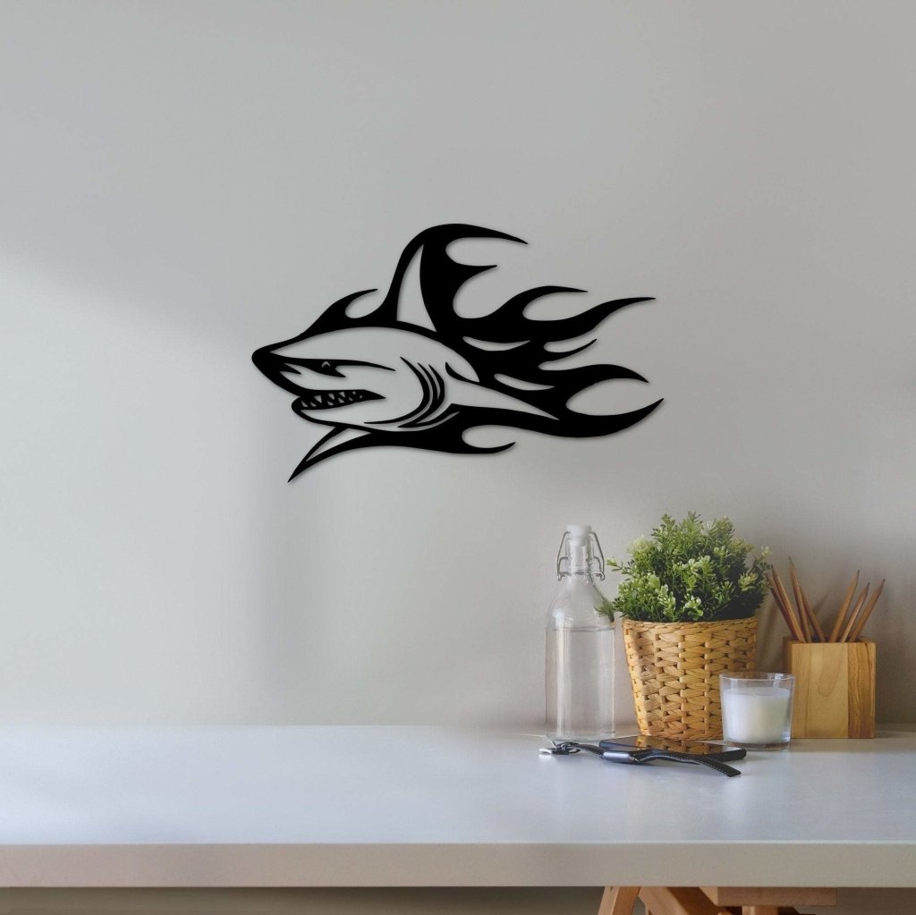 Shark Sign with Flames | Metal Ocean Decor - Simply Royal Design