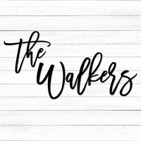 Thumbnail for Custom black powder coated last name the Walkers metal sign in an elegant and fun handwritten script font placed on a white washed shiplap wall. The personalized sign is in two different pieces: the and Walkers. 